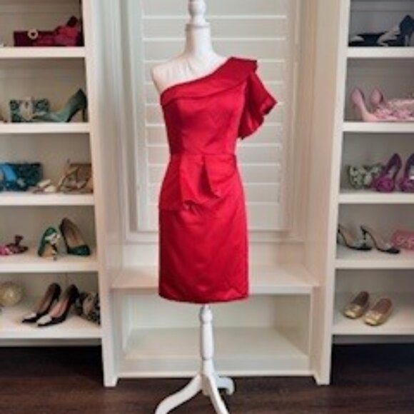 Red One-Shoulder Ruffle Satin Cocktail Dress – Size Medium - Picture 8 of 9